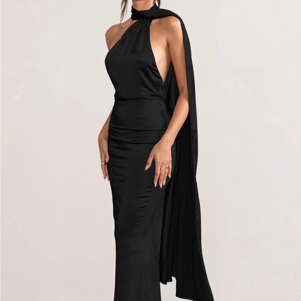 Club London - Mademoiselle black satin Asymmetric scarf neck maxi dress / US 4